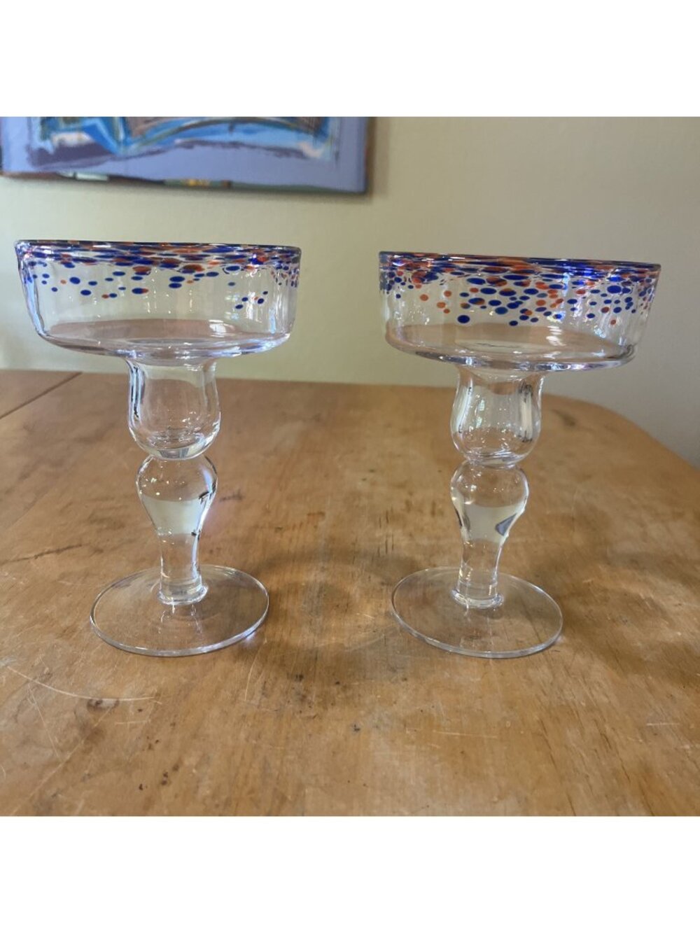 Aaron Sanchez Margarita Glass 10oz. Set Of 2 Red And Blue Confetti Blown Glass